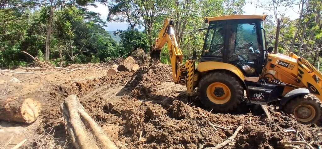 Backhoe clearing fallen trees in Stage 1 of the Pekoe Trail
